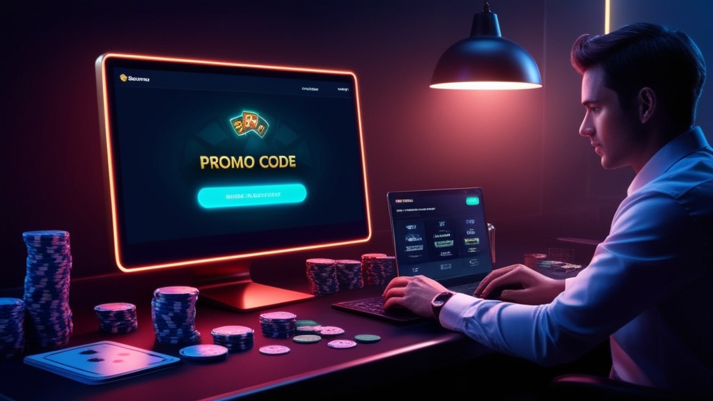 Dunkle Casino-Szene mit Aktionscode auf einem Bildschirm
