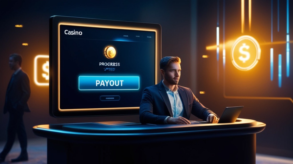 Spieler wartet auf Auszahlungsstatus im Casino mit leuchtenden Symbolen
