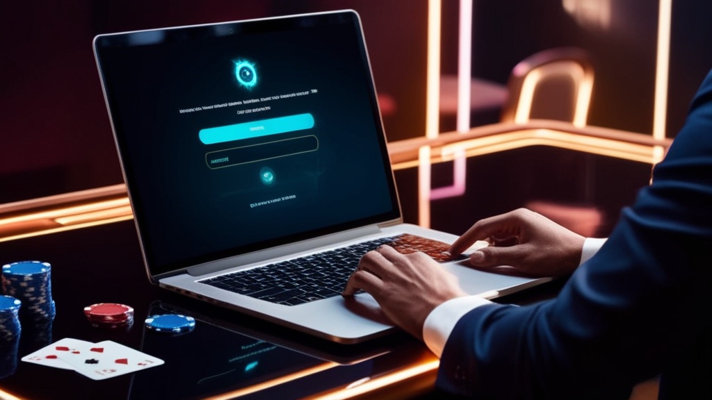 Login-Bildschirm in dunkler Casino-Atmosphäre auf einem Laptop