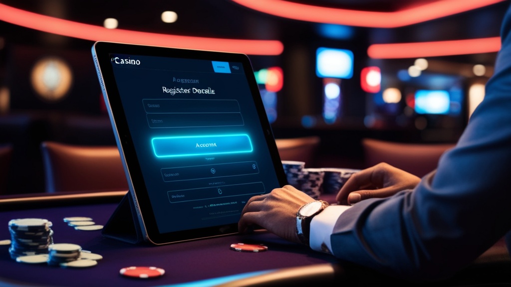 Digitale Registrierungsseite in düsterer Casino-Atmosphäre auf einem Tablet